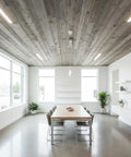 Heritage Gray Reactive Wood Stain Gallon Is The Real McCoy For Crafting A Weathered Look With Tannin Activated Depth On Any Top Shelf Exterior Wood Surface in a modern office with gray wood ceiling.