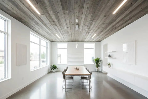 Heritage Gray Reactive Wood Stain Gallon Is The Real McCoy For Crafting A Weathered Look With Tannin Activated Depth On Any Top Shelf Exterior Wood Surface in a modern office with gray wood ceiling.