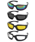 Slick And Tight Motorcycle Riding Glasses With Thick Silicone Padding For Knockout Windproof Dustproof Shield Rad UV400 Polycarbonate Lenses in four styles.