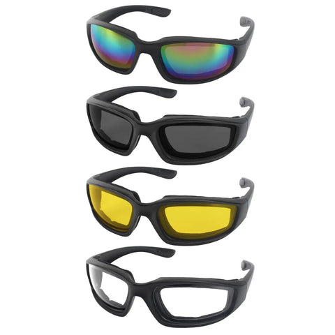 Slick And Tight Motorcycle Riding Glasses With Thick Silicone Padding For Knockout Windproof Dustproof Shield Rad UV400 Polycarbonate Lenses in four styles.