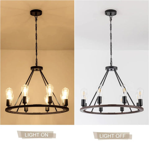 Black Wagon Wheel Light With Eight Lights Rustic Farmhouse Style Ceiling Pendant Outdoor Porch Lantern Durable Weatherproof LED Fixture For Patio Deck Or Garden shown lit and unlit.