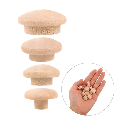 Mushroom Head Wooden Screw Hole Plugs For Furniture And DIY Projects, 120 Pcs Natural Wood Cover Caps in hand and stacked view