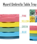 Stacked pink, yellow, green, and blue umbrella table trays with text: Myard Umbrella Table Tray, highlighting color options.