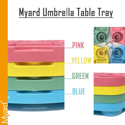 Stacked pink, yellow, green, and blue umbrella table trays with text: Myard Umbrella Table Tray, highlighting color options.