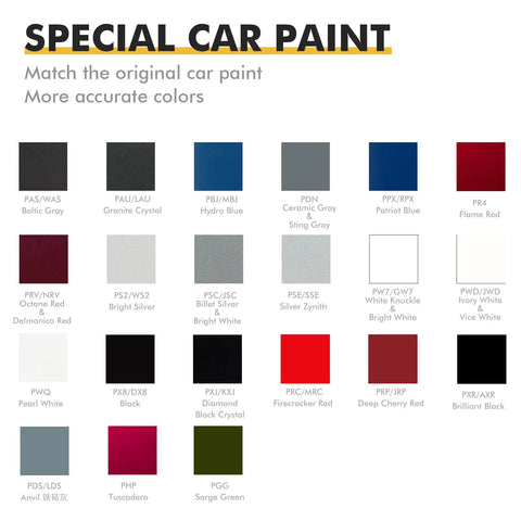 Color swatches for special car paint matching various Jeep shades, including Anvil and Bright White.