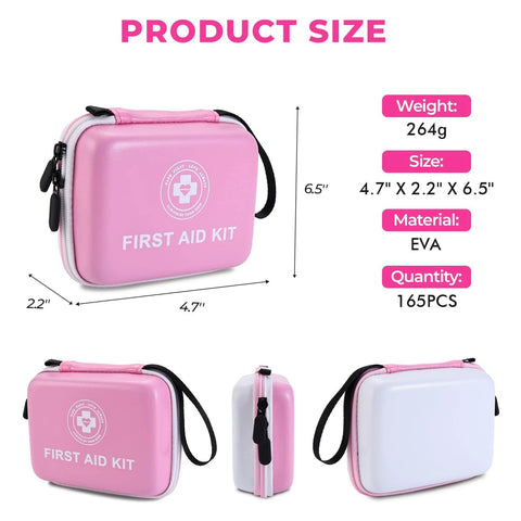 Pink hard-shell first aid kit with handle, 165-piece EVA emergency medical kit for home car and travel
