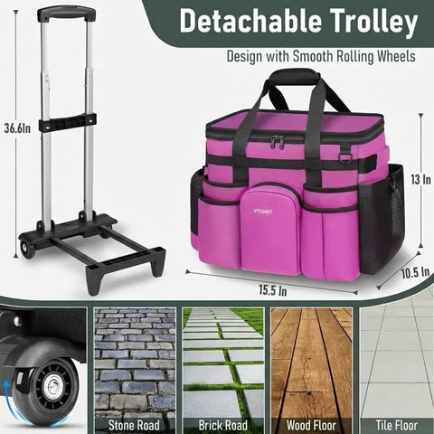 Cleaning Caddy With Wheels, Extra Large 39L Rolling Organizer Bag With Detachable Trolley, shown with trolley and pockets