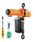 Heavy Duty 2200 Lbs Electric Chain Hoist With 10 Ft Lift, 120V Single Phase Motor, G100 Grade Steel Cable on display with remote and cables.