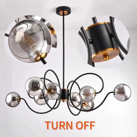Mid Century Modern Black Eight Light Glass Globe Sputnik Chandelier For Living Room And Dining Room High Ceiling Pendant Light Fixture, Adjustable Height, Smoke Gray Glass, Easy Install, Dope Statement Lighting.