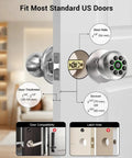 No Sweat Fingerprint Smart Door Knob Lock With Nifty Keypad And Phone App Control For Quick Everyday Access And Locked Down Home Security In Fresh Bright Silver Finish shown on US door with detailed compatibility measurements.