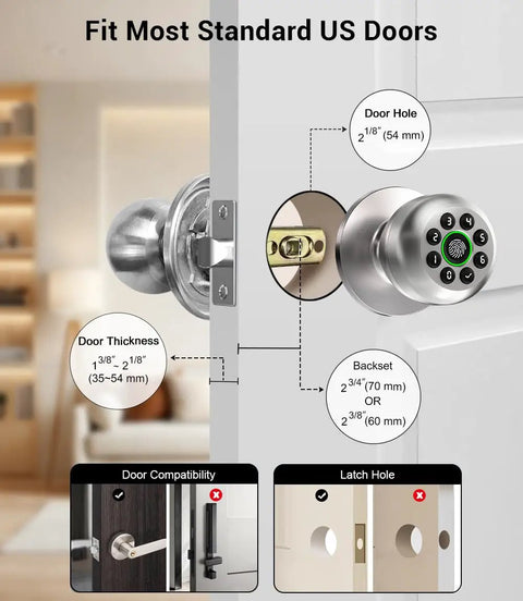 No Sweat Fingerprint Smart Door Knob Lock With Nifty Keypad And Phone App Control For Quick Everyday Access And Locked Down Home Security In Fresh Bright Silver Finish shown on US door with detailed compatibility measurements.