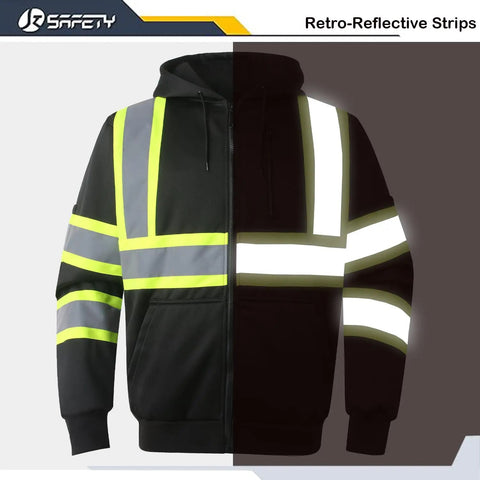 Image showing Hi-Vis Safety Zip-Up Hoodie Sweatshirt For Men And Women With Reflective Strips And Extended Trims Class 3 PPE Fleece Work Jacket