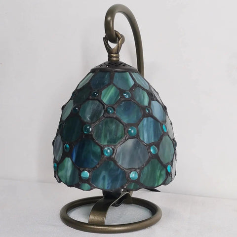 Small Tiffany Style Stained Glass Table Lamp Sea Blue Pearl 10 Inch Tall 6 Inch Wide 8 Inch Long Vintage Accent Night Light