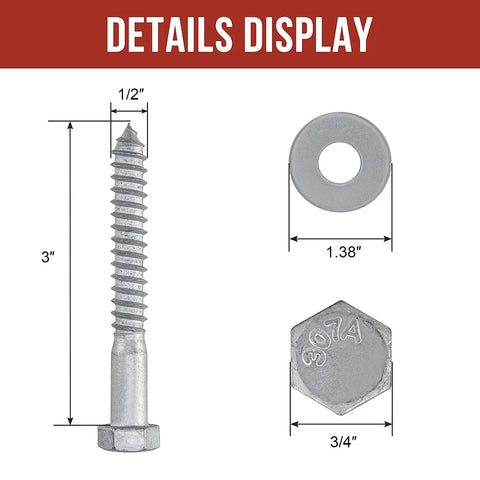 Drop Dead Reliable One Half Inch Hex Lag Screws And Bolts With Heavy Duty Coarse Threads And Hot Dip Galvanized Finish Including Corrosion Resistant Flat Washer For Tough Wood Work