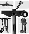 CUTPOIY 4 Functions Exposed Shower System Shower Fixtures Shower Faucets Sets 8 Inch Wall Mount Exposed Shower System, Round-8 inches, showing controls and components.