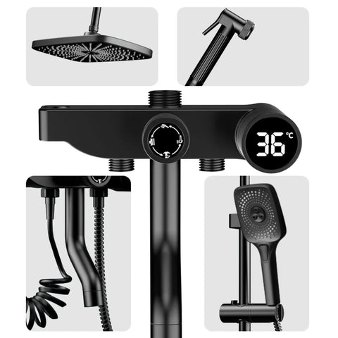 CUTPOIY 4 Functions Exposed Shower System Shower Fixtures Shower Faucets Sets 8 Inch Wall Mount Exposed Shower System, Round-8 inches, showing controls and components.