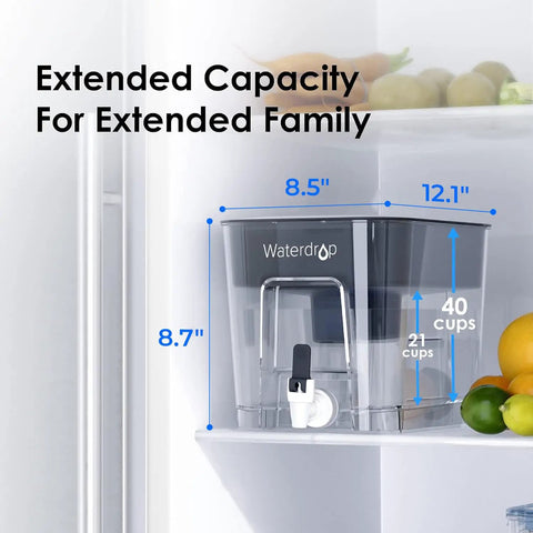 Mega Capacity Water Filter Dispenser With 40-Cup Pitcher And 200-Gallon Lifespan, BPA Free, black finish in refrigerator