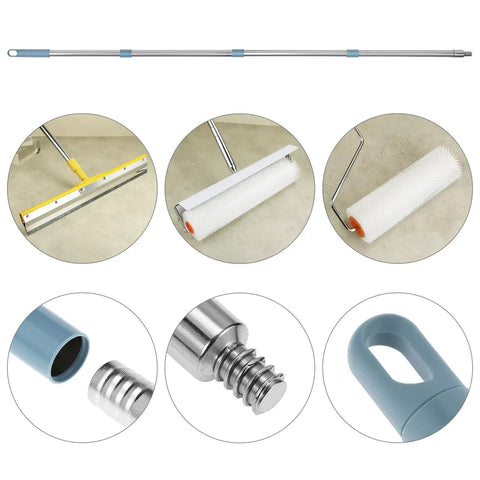 Collage of Self Leveling Tools Kit With 20 Inch And 9 Inch Spiked Rollers 22 Inch Self Leveling Rake Scraper Spike Shoes Extension Pole Up To Five Point Two Feet Gloves Durable Stainless Steel And PE Construction For Concrete Floor And Epoxy details, showcasing rollers, rake, and extension pole.