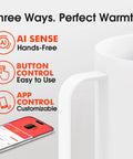 Smart Self Heating Coffee Mug With AI Temp Control And 20 Oz Capacity shows features: AI, button, app controls for perfect warmth.