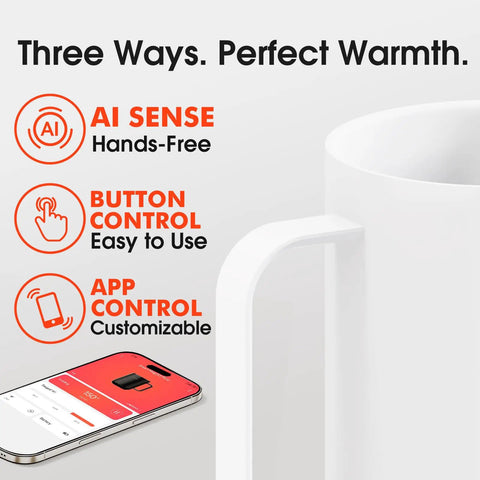 Smart Self Heating Coffee Mug With AI Temp Control And 20 Oz Capacity shows features: AI, button, app controls for perfect warmth.