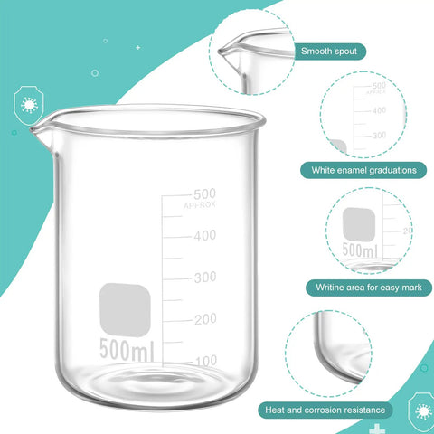 Borosilicate Glass Beaker Set With Stirring Rod For Lab Chemistry 500ml with smooth spout and white enamel graduations