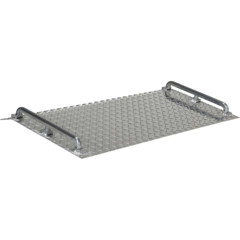 Heavy Hitting Aluminum Mini Dock Plate 18 By 36 Inch With Grippy Non Skid Tread 700 Pound Capacity Portable Truck Bridge Ramp with handles.