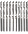 Ten Pack One Eighth Inch Shank End Mill One Flute Spiral Router Bits For CNC Milling And Engraving Cutting Edge Length Twenty Two Millimeters Overall Length Thirty Eight Point Five Millimeters High Wear Resistance And High Temperature Tough, front view of bits.