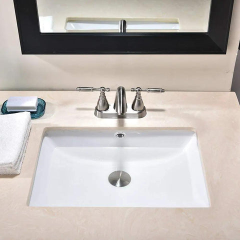 Modern Rectangular Undermount Bathroom Sink 18.5 By 13.8 By 7.9 Inches in white ceramic with overflow, sleek countertop view
