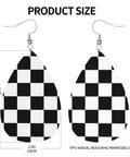 Black And White Checkerboard Teardrop Leather Earrings For Women, Faux PVC Silver Plated Hooks, size dimensions 2.25in x 1.5in.