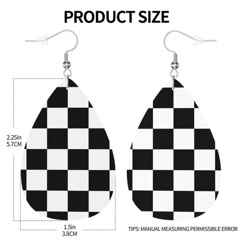 Black And White Checkerboard Teardrop Leather Earrings For Women, Faux PVC Silver Plated Hooks, size dimensions 2.25in x 1.5in.