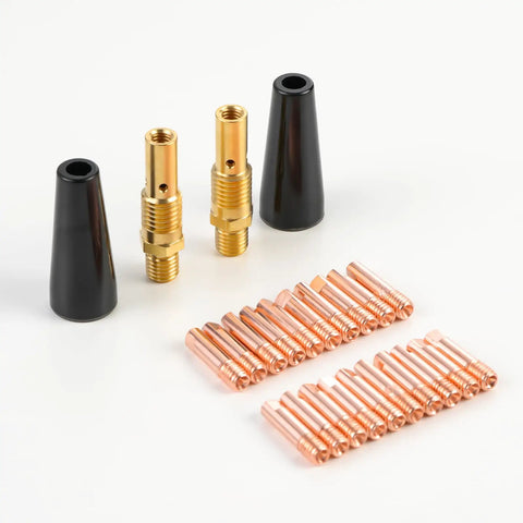 Flux Core Gasless MIG Welding Gun Kit With 24 Pieces Including 20 Tips, 2 Nozzles And 2 Diffusers on white background