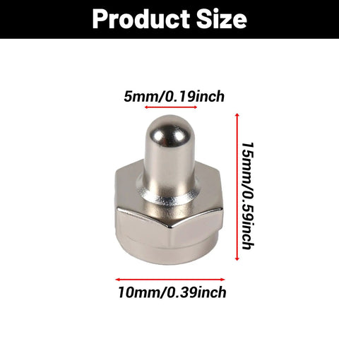 10 Pack 75 Ohm Coax Terminator Caps For Coaxial Cables shown with dimensions 10mm by 15mm, nickel-plated zinc alloy, rust-resistant.