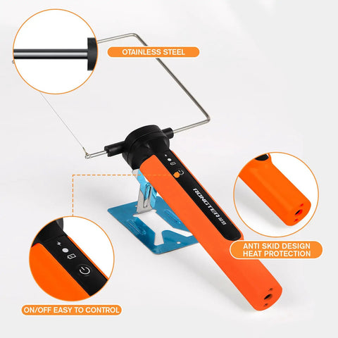 Rongter Fast Heating Electric Hot Wire Foam Cutter Tool Styrofoam Model Maker 2 Inch And 4 Inch Tips Smooth Cuts For DIY Crafts Home Projects showing stainless steel tip and ergonomic handle in orange.