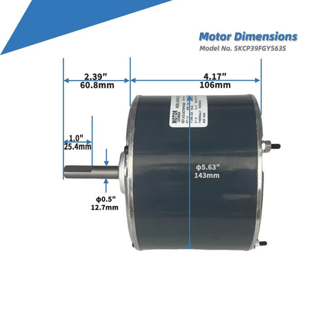 Top Tier Hvac Condenser Fan Motor 1/4 Hp 1100 Rpm 208 To 230 Volts With 5 Mfd Capacitor showing dimensions and design for easy installation.