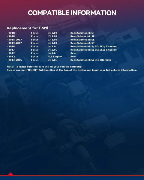 Compatibility chart for Ford Focus 2012-2018 with ABS details and fitment instructions displayed on a blue background.