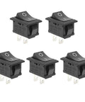 Five Pack On Off Boat Rocker Switches, 2 Pin 2 Position Snap In Marine Electrical Switches, displayed on white background