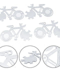 Do It All 14-In-1 Bicycle Multitool Card with stainless steel keychain tools in bike shape, close-up details of tools.