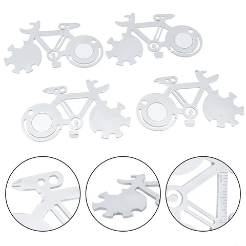 Do It All 14-In-1 Bicycle Multitool Card with stainless steel keychain tools in bike shape, close-up details of tools.