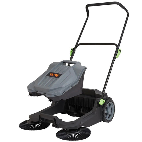 Walk-Behind Hand Push Floor Sweeper With A 25.6 Inch Sweep Width, Manual Non Electric Cleaning Machine, side view with handle.