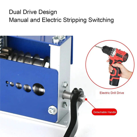 Hassle Free Wire Stripper Machine For Electrical Work showing dual drive design with manual crank and electric drill attachment.