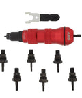 Pneumatic Rivet Gun Drill Adapter with 8 Nosepieces and Wrench Visible