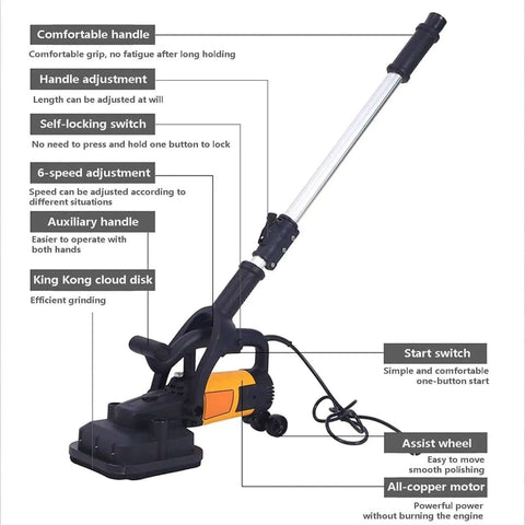 Pro Gear Four Head Concrete Sander With Extension Pole And Six Speed Switches For Buffing Floors Walls Marble Stone Surfaces Built Like A Tank To Take On Any Construction Gig close-up view showing adjustable handle and six-speed switch.