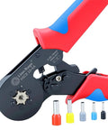HSC8 10-6 Ferrule Crimping Pliers Professional Cold Press Insulated Terminal Crimper with red and blue handles, pressing insulated terminals.