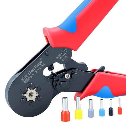 HSC8 10-6 Ferrule Crimping Pliers Professional Cold Press Insulated Terminal Crimper with red and blue handles, pressing insulated terminals.