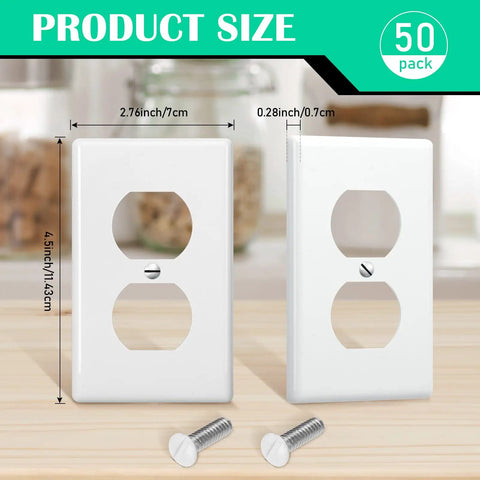 Bulk 50 Pack White Outlet Covers Duplex Wall Plates 1 Gang Standard Size 4.50 x 2.76 Inch Polycarbonate Thermoplastic Receptacle Covers