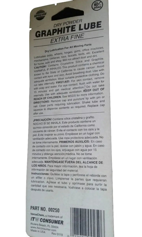Back of package for Dry Graphite Lube For All Moving Parts In A Handy Squeeze Tube Extra Fine Powder with instructions.