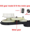Open view of Two Pack 12V DC Motor Gearbox Kit With 12000 RPM For Ride On Cars Replacement Parts, focusing on metal gears.