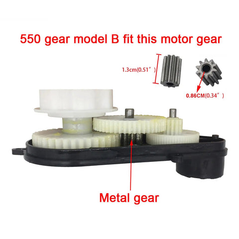 Open view of Two Pack 12V DC Motor Gearbox Kit With 12000 RPM For Ride On Cars Replacement Parts, focusing on metal gears.