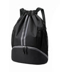 Black Waterproof Drawstring Gym Bag With Shoes Compartment And Wet Pocket Sports Backpack For Swim Workout And Travel Unisex Fitness Bag