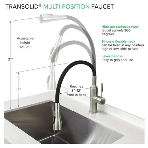 PF7509A Dual Spray Kitchen And Laundry Faucet with flexible neck and black finish shown demonstrating adjustable reach over sink
